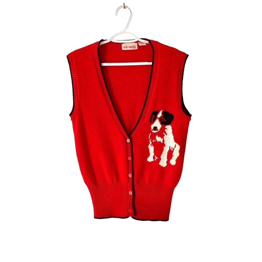 Vicky Vaughn Vintage Red Puppy Dog Sweater Vest size 5 Juniors size small 70s